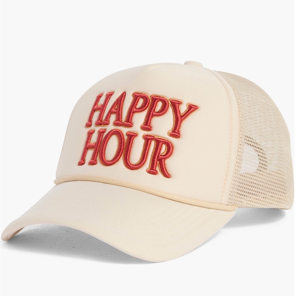 Anthropologie Cream Trucker Hat with Red "Happy Hour" Patch